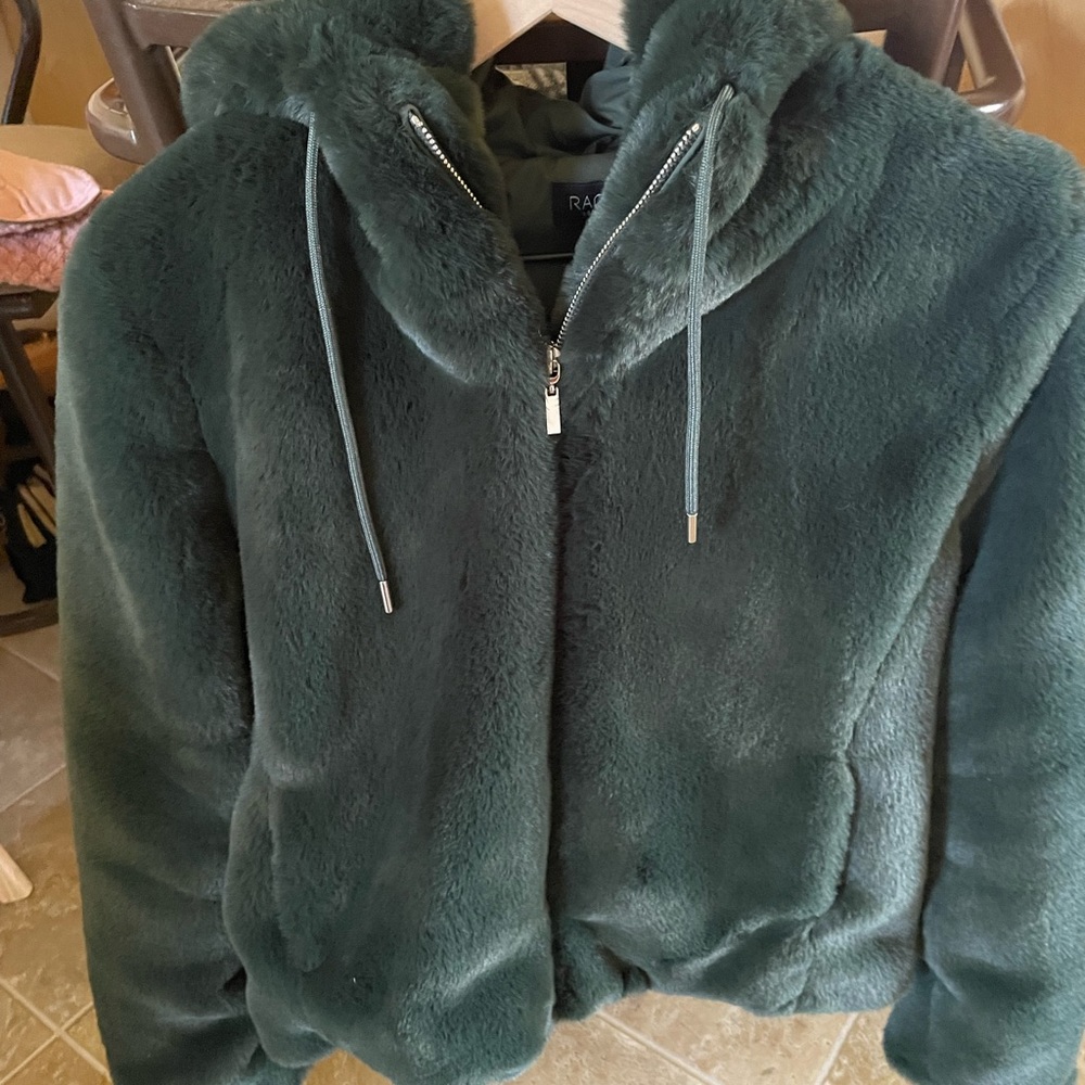 Rachel Zoe faux fur green coat S